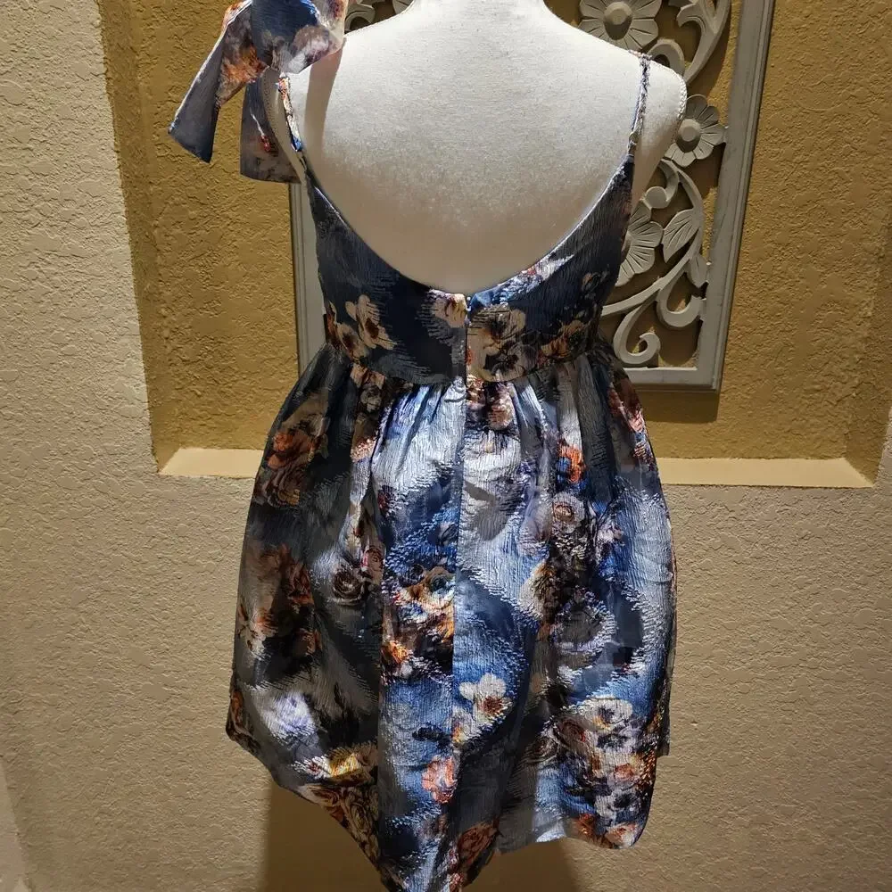 Storia Floral Jacquard Mini Dress S One Shoulder Bow Fit & Flare NWT Cottagecore - Picture 4 of 15